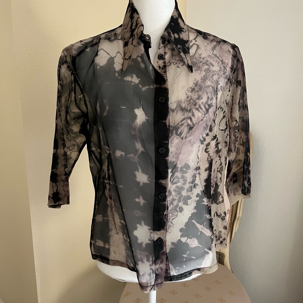 Heyne Bogut Sheer Brown&Tan Tie Dye Button Up 3/4” Sleeve Blouse 
Sz 3/Medium